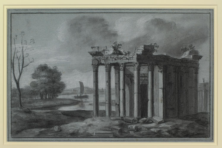 A ruined Corinthian temple in a landscape