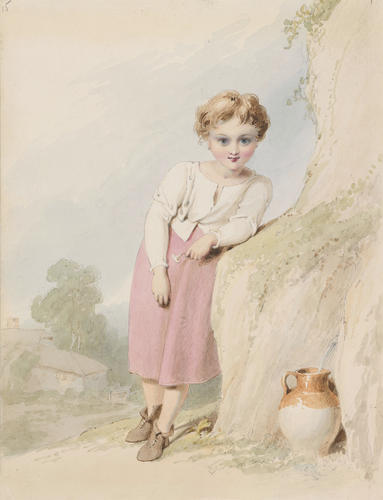 A young girl filling a pitcher from a spring