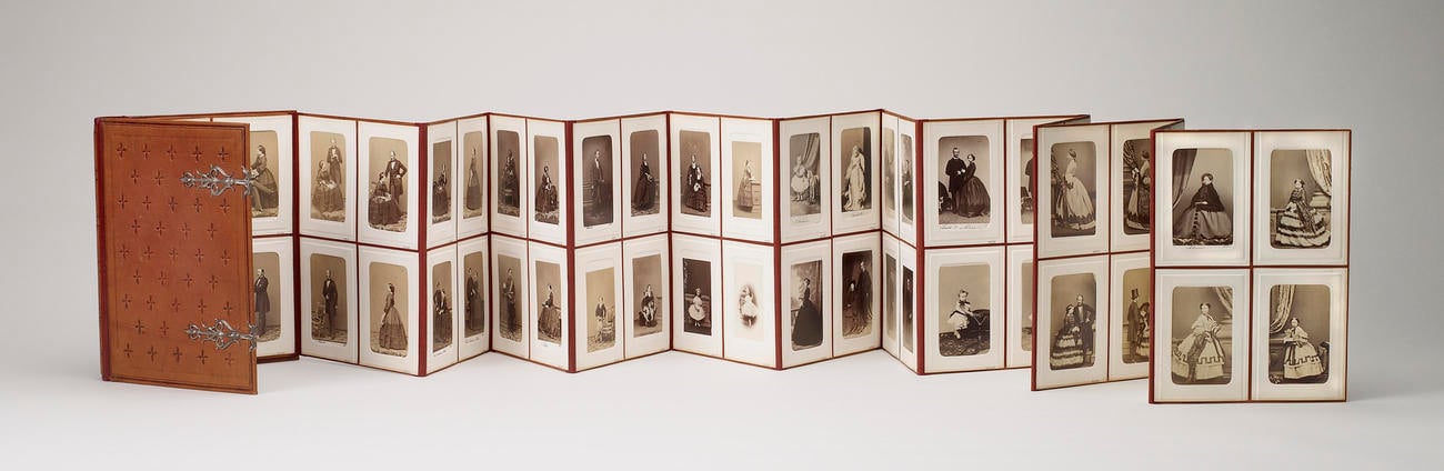 Folding concertina album containing portraits of Queen Victoria, Prince Albert, Members of the Royal Family, Foreign Royals and celebrities