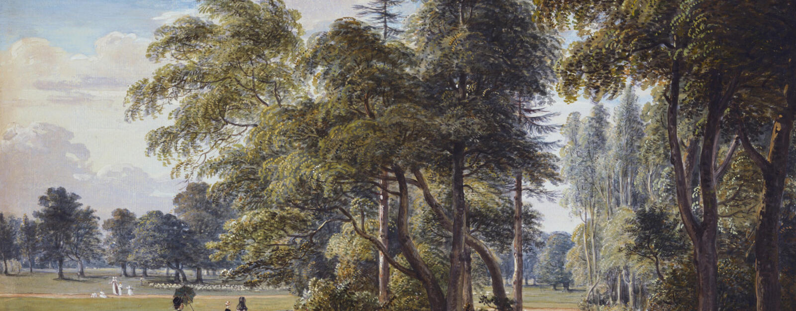 A watercolour of the gardens at the south front of the Deputy Ranger's House in Windsor Great Park. A woman is watering plant pots at the centre, with other figures walking on the left. Mounted on a sheet of grey paper, circumscri
