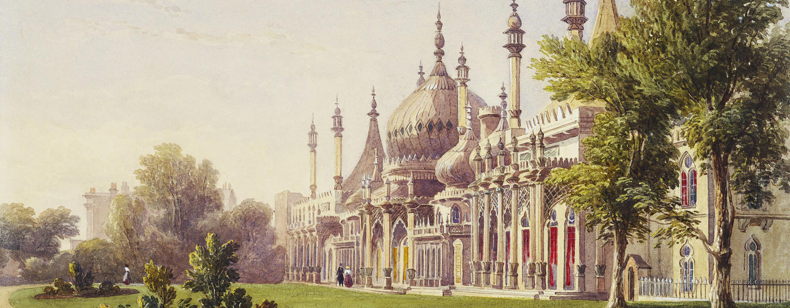 Brighton Pavilion: garden front DM 5137: two trees to the right-foreground, flower bed to the left-foreground. Man and woman, seen from behind, walk at entrance to building. Signed an dated.