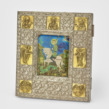 Enamel picture of St George on a white horse slaying the dragon in a green hilly abstract landscape containing Nushkuri letters. Four studs in corners of enamel, top two containing goldstone cabochons and bottom two with malachite cabochons. White me