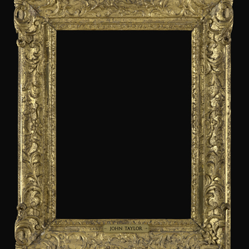 A British 18th-century gilt carved Louis XIV-style frame; with leaf-and-tongue sight, sanded sight, arabesque panel with pierced cartouche corners.